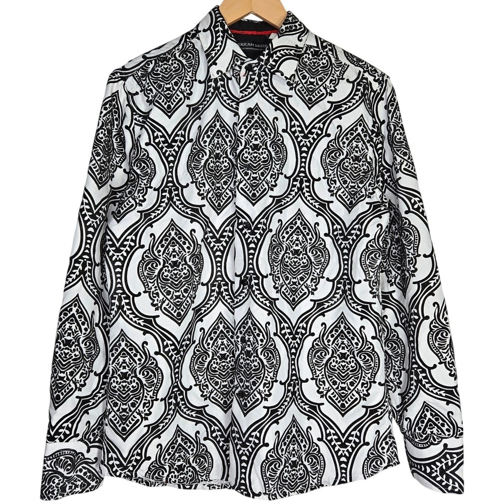 American Breed Smart Shirt White Black Paisley‎ Men's Long Sleeve Button Down S